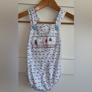 NWOT Stitchy Fish Smocked Sailboat Bubble Romper Blue Fish Print Size 24M